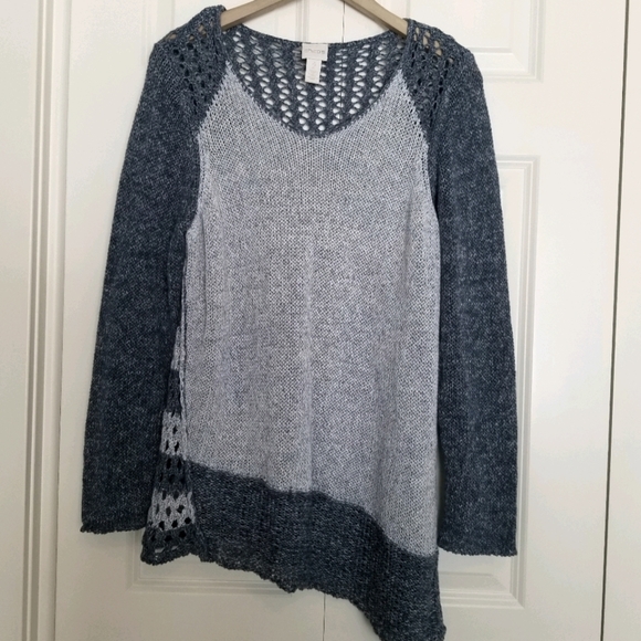 Chico's Sweaters - Chico's blue crochet asymmetrical hem cotton blend sweater SZ Med